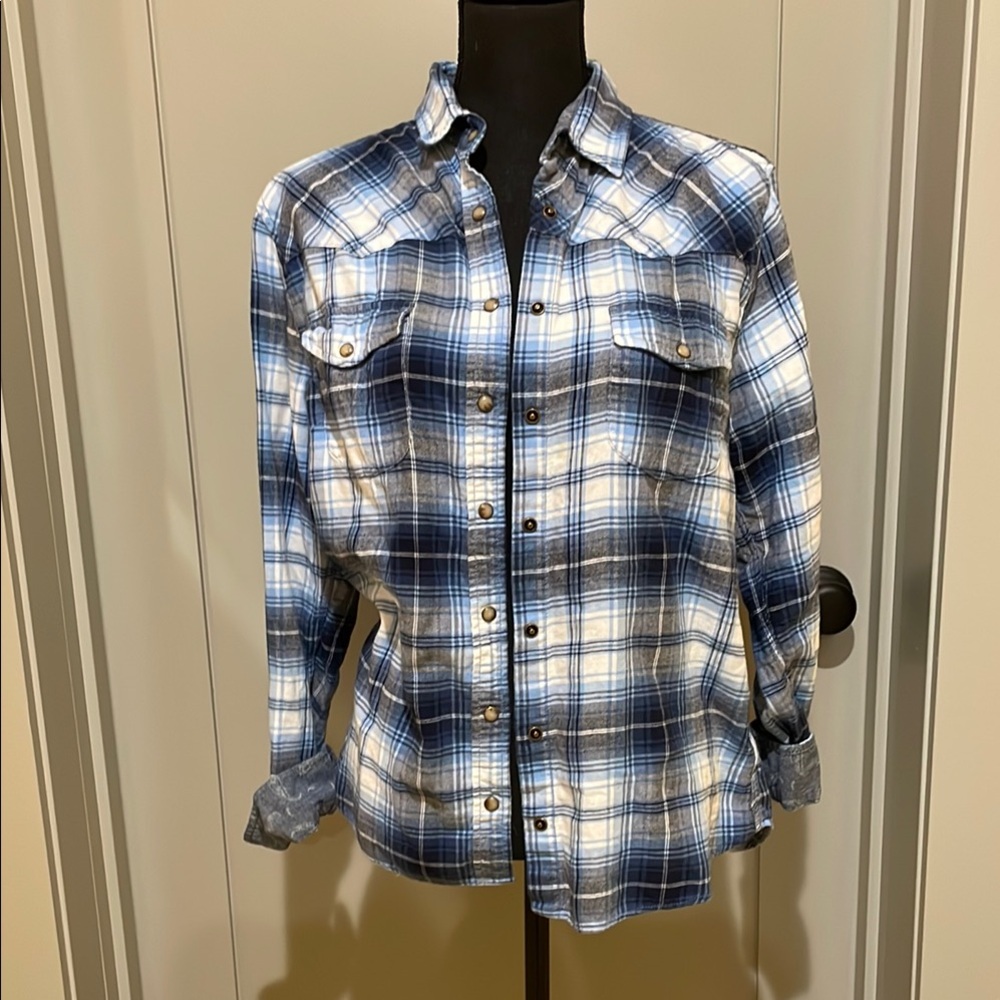 JACHS Girlfriend Blue Flannel Plaid Blouse with Pearl Snaps